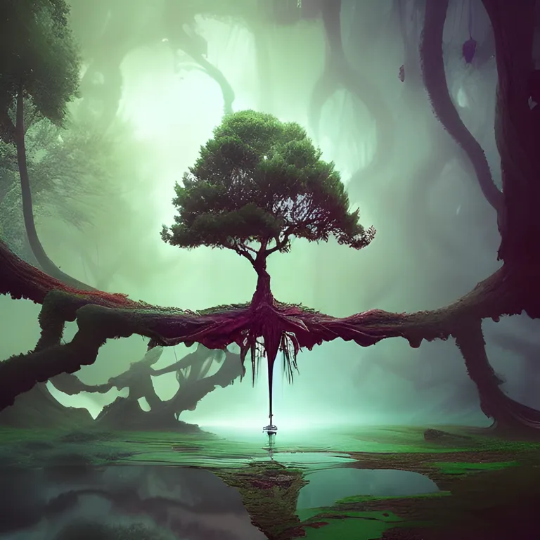 a painting of a tree in a foggy forest