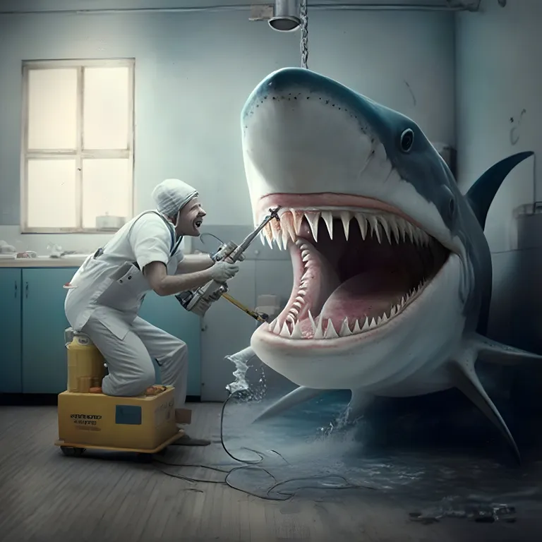 a man in a white suit and a shark in a room