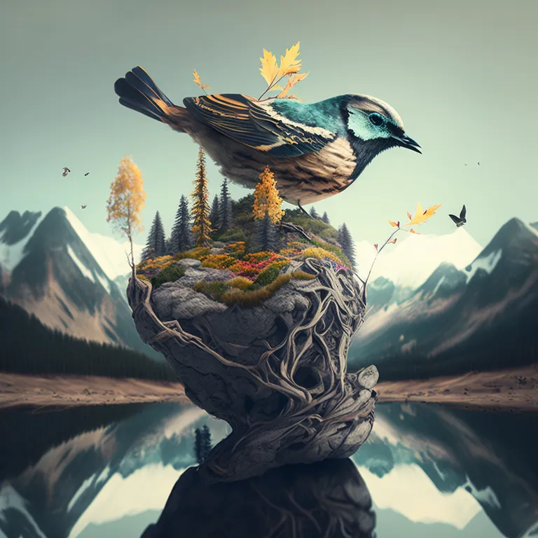 a bird sitting on top of a rock next to a lake