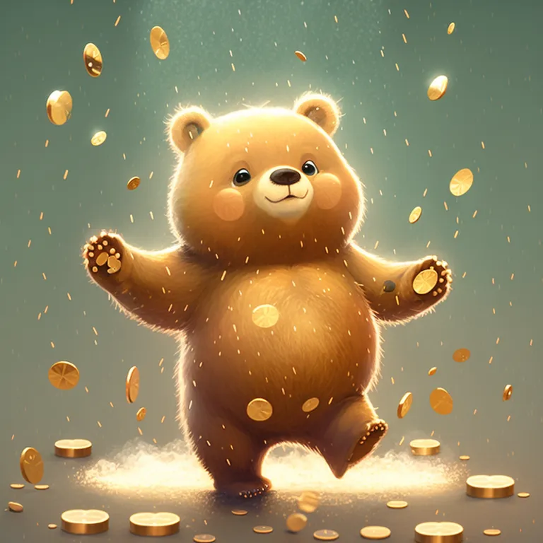 a brown teddy bear standing on top of a pile of gold coins