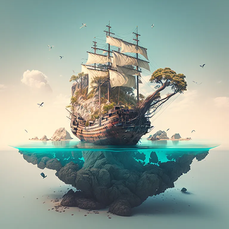 an island with a ship floating in the ocean