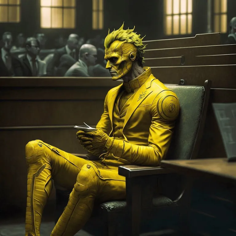 a man in a yellow suit sitting in a courtroom