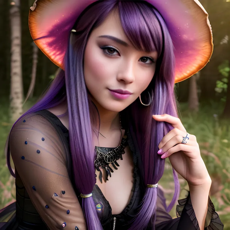 a woman with purple hair wearing a purple hat