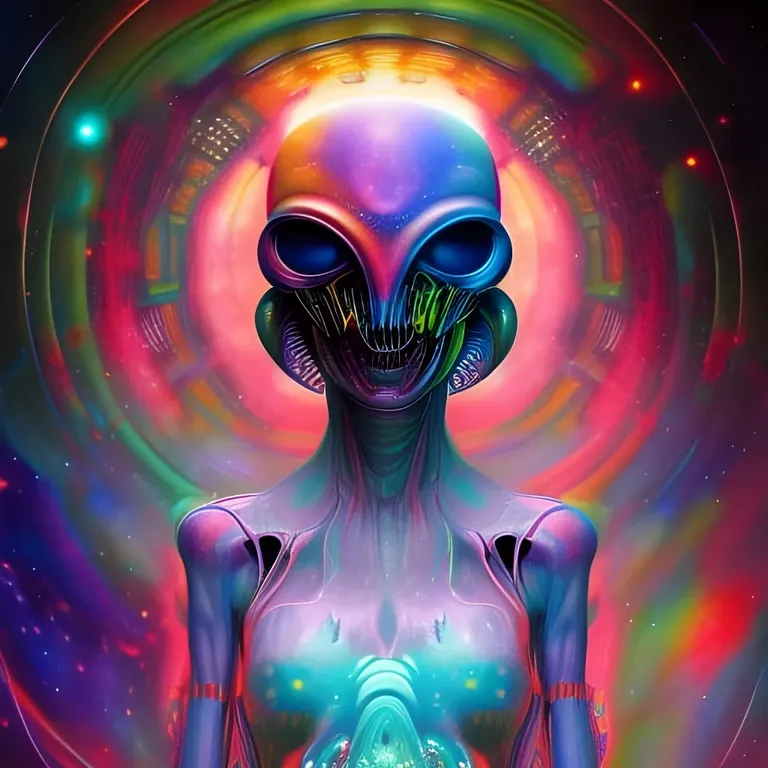 a painting of an alien holding a glowing object