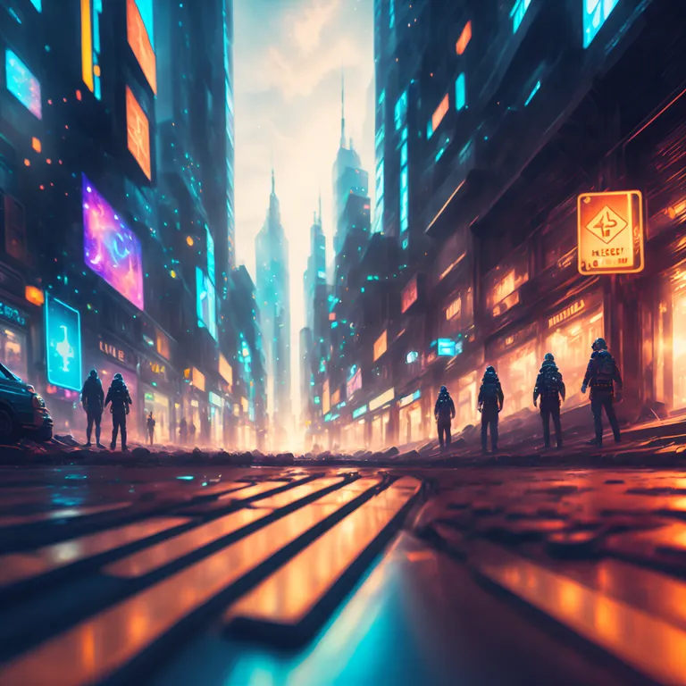 a group of people walking down a street next to tall buildings