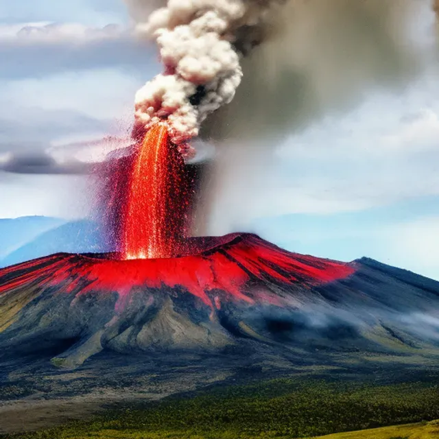 a volcano spewing red and black smoke into the air