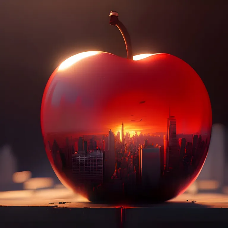 an apple with a reflection of a city in it