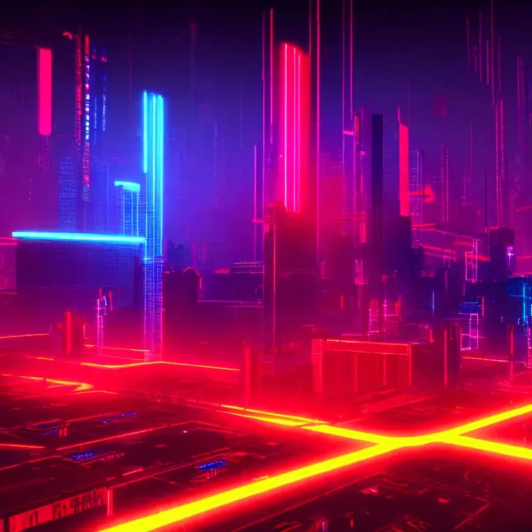 a futuristic city with neon lights in the background