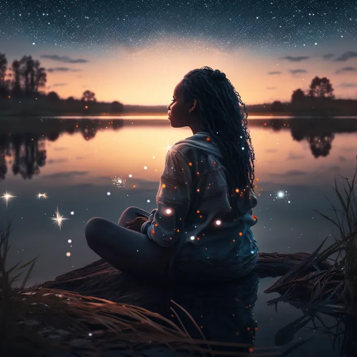 a woman sitting on a rock in front of a body of water