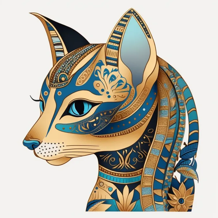 a cat with blue and gold designs on its face that turns its head to face forward. turn head to face forward