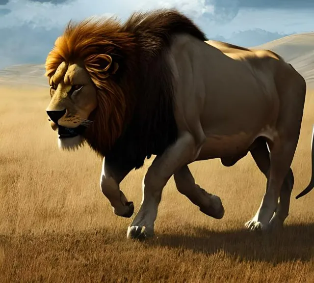 a painting of a lion running across a field