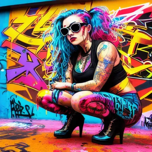 a woman sitting on the ground in front of a graffiti wall