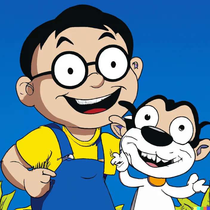 a cartoon of a boy and a dog
