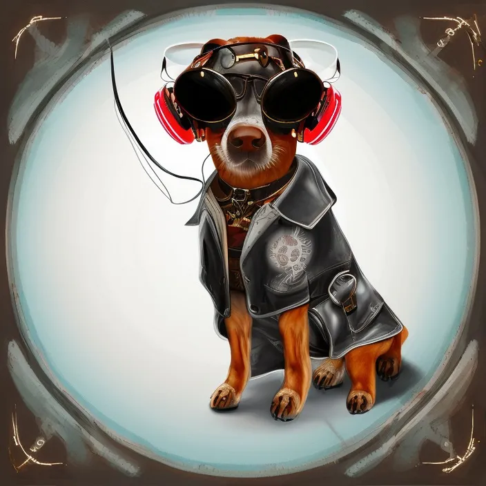 a dog wearing headphones and a leather jacket