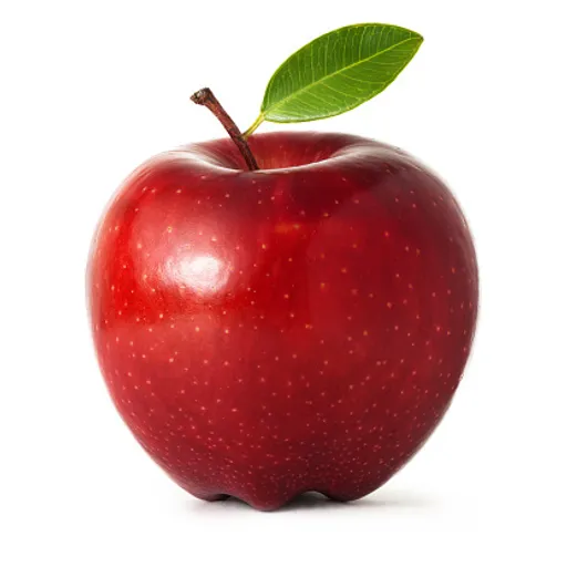 a red apple with a green leaf on top of it