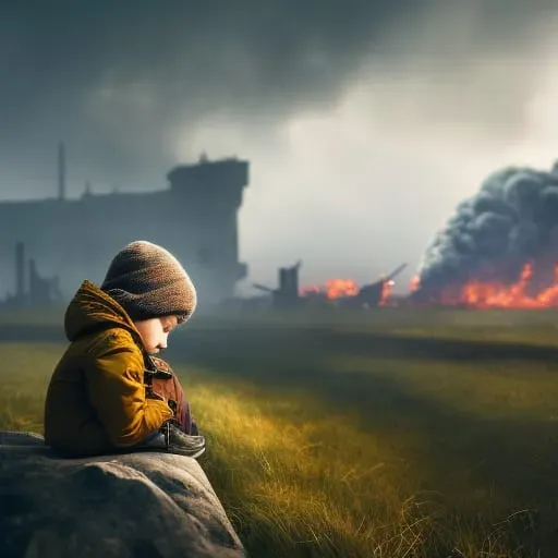 a little boy sitting on a rock in a field