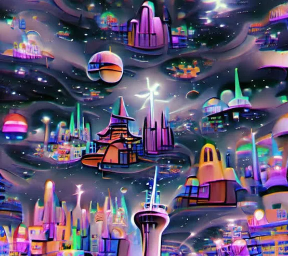 a painting of a futuristic city at night