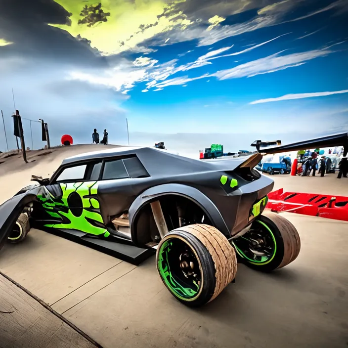 a car with green wheels is parked on the concrete