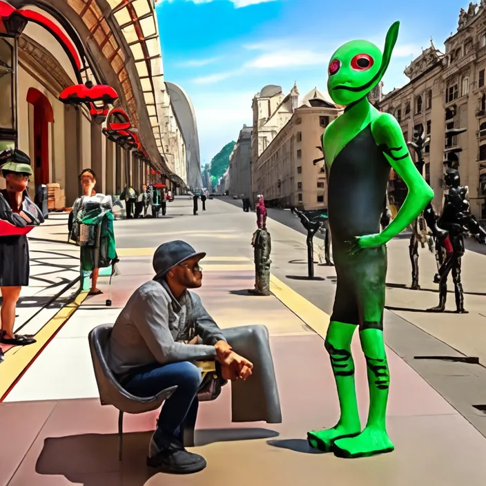 a man sitting in a chair next to a green alien