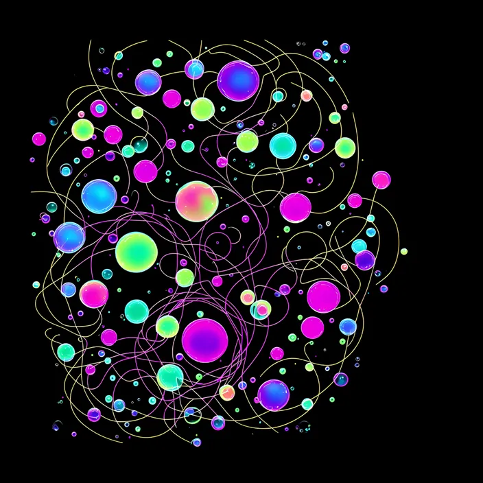 a black background with colorful circles and lines