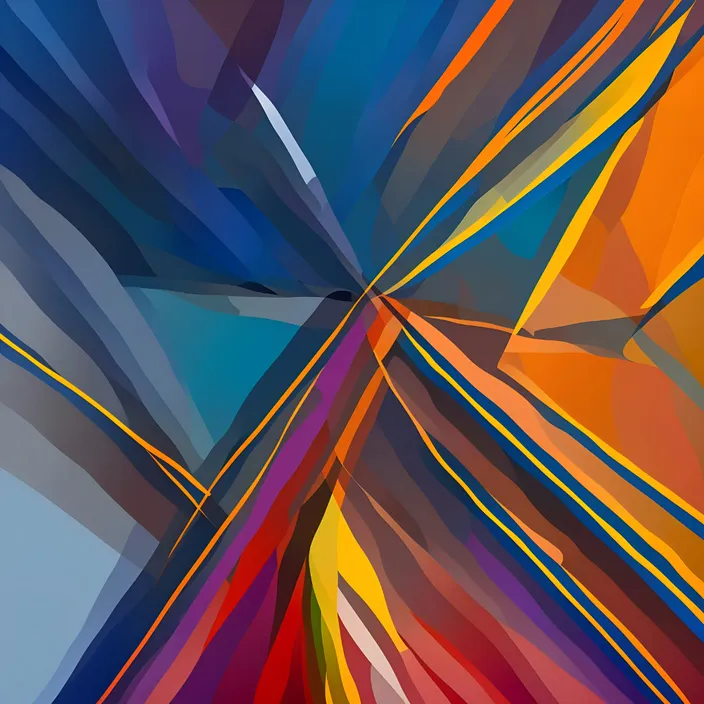 a colorful abstract painting with a blue sky in the background