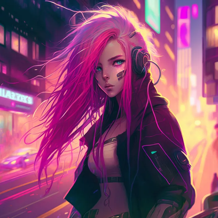a woman with pink hair and headphones in a city