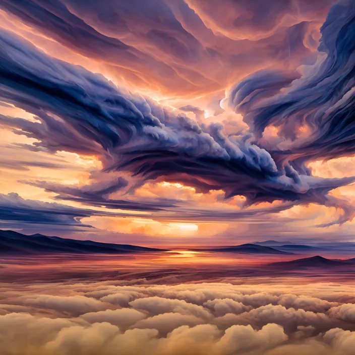 a painting of a sunset with clouds in the sky