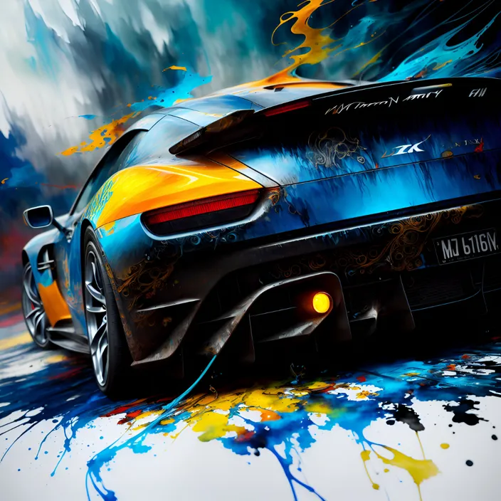a painting of a blue and yellow sports car
