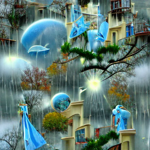 a painting of a city in the rain