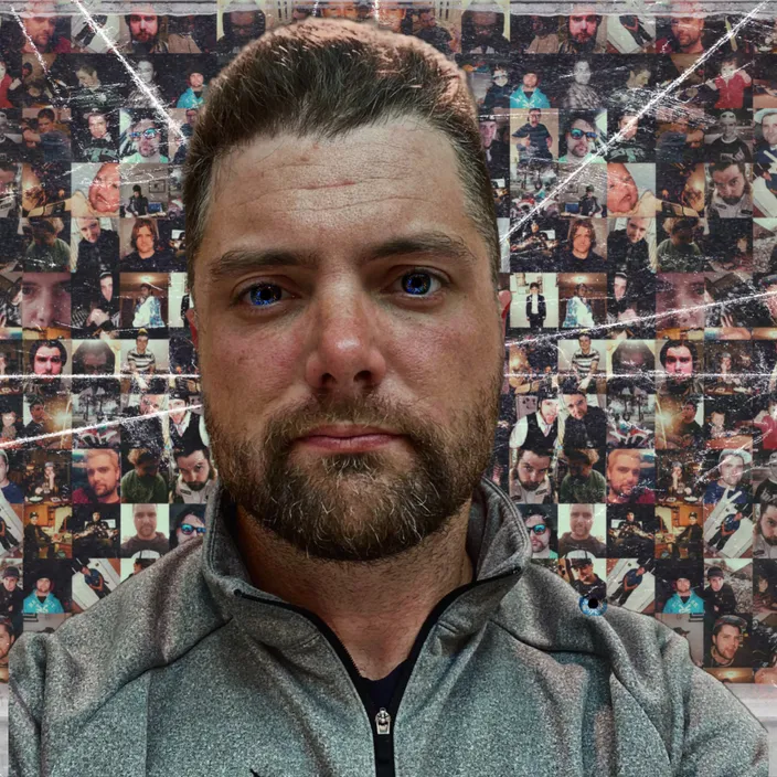 a man in front of a blurred picture of people in a wall. The man has been cut out of the picture, and the pictures have been blurred, to create a hint of voyeurism.