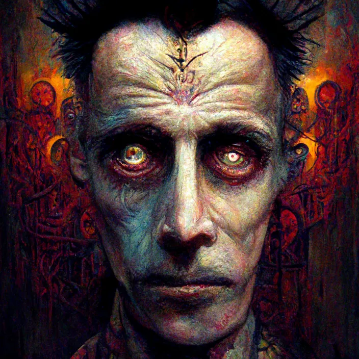 a painting with a creepy and dark look on its face by Michael Humphries. make the man's eyes black and soulless