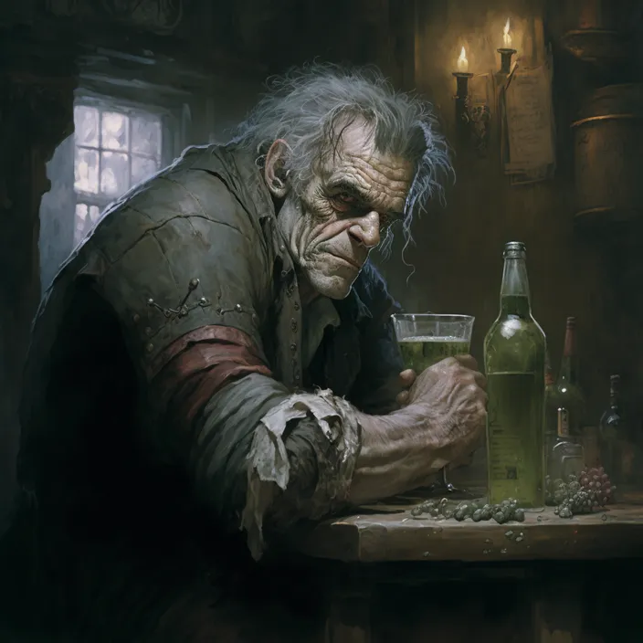 a man sitting at a table with a bottle of wine and a zombie on the floor next to him. he's drunk, and a zombie is standing next to him