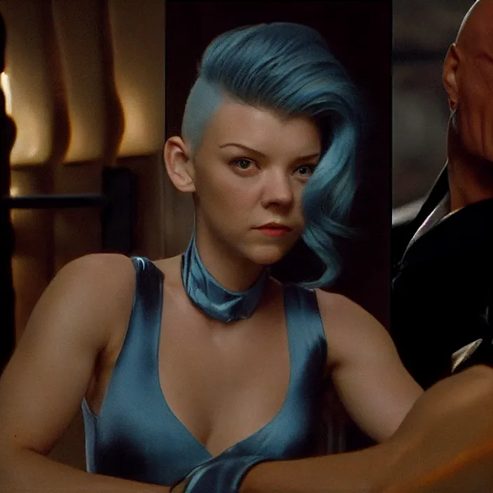 a woman with blue hair standing next to a man