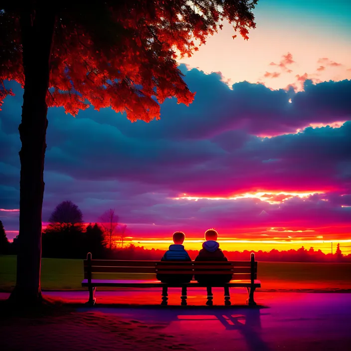 two people sitting on a bench at sunset