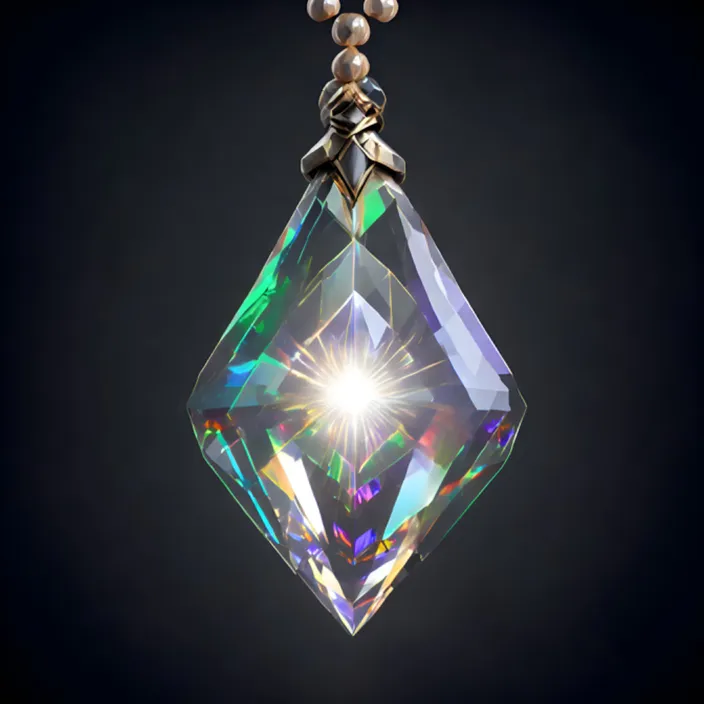 a necklace with a crystal pendant hanging from it's side