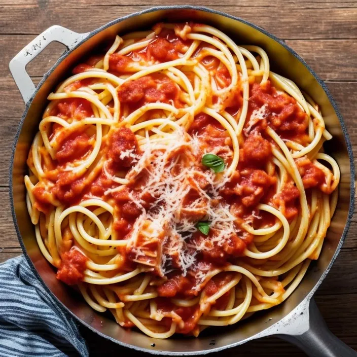 a pan filled with pasta and sauce on top of a wooden table