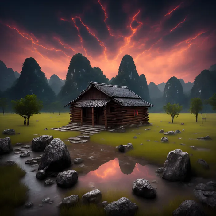 a painting of a log cabin in a field