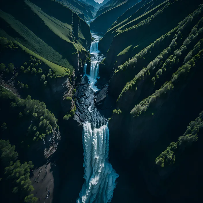 an aerial view of a waterfall in the mountains