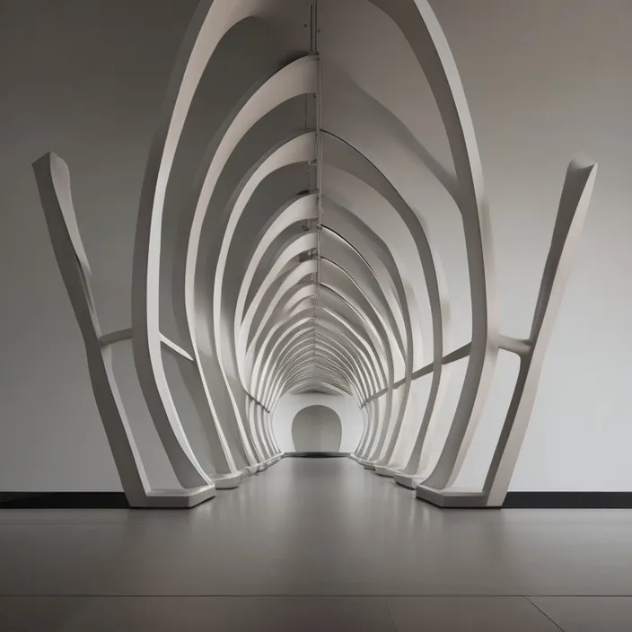 a long tunnel with a white wall and a white floor