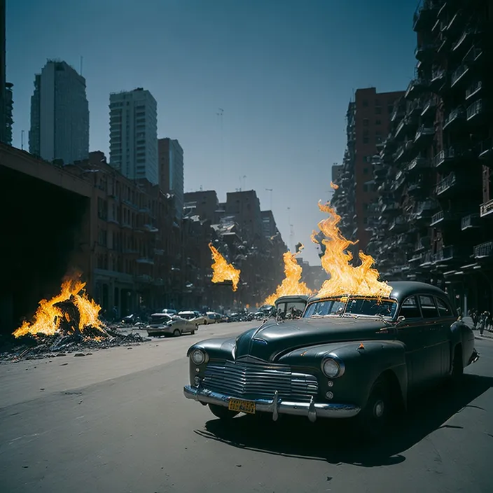 a car is on fire in the middle of a street