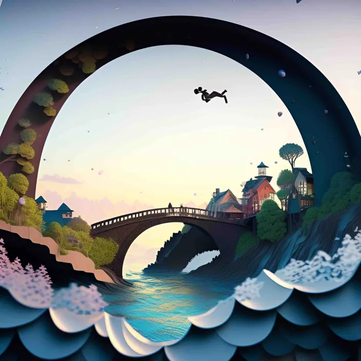 painting of a bridge over an abyss. Change the water into an abyss