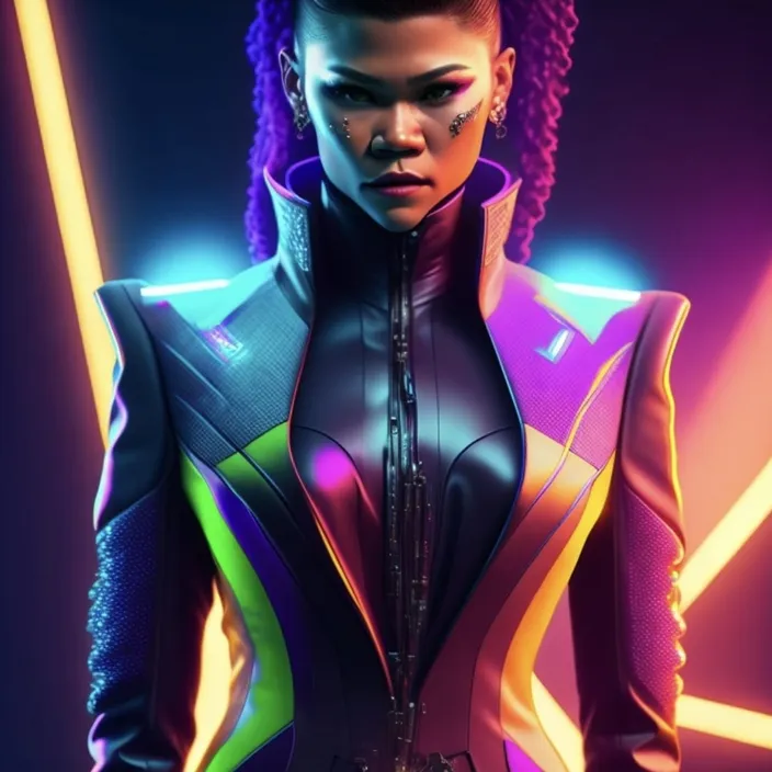 a woman in a futuristic suit with neon lights