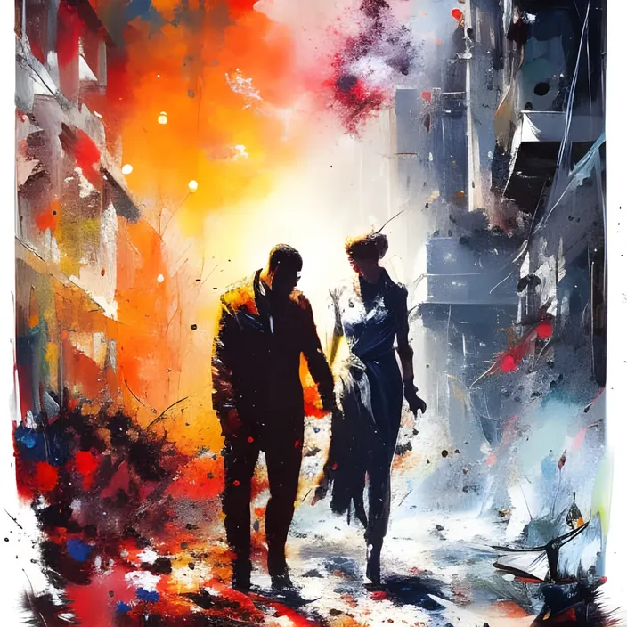 a painting of two people walking down a street