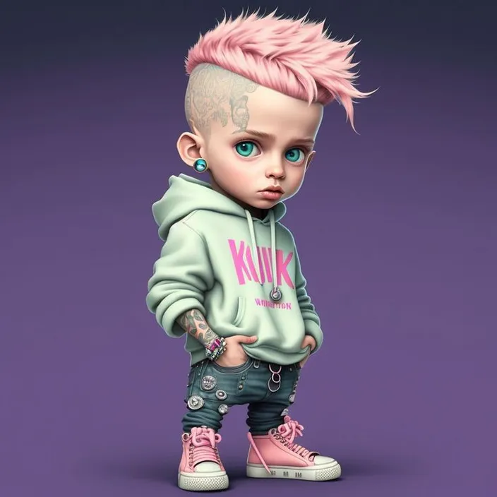 a little kid with pink hair and a green hoodie