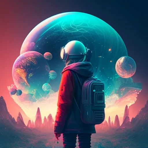 a man with a backpack standing in front of a planet
