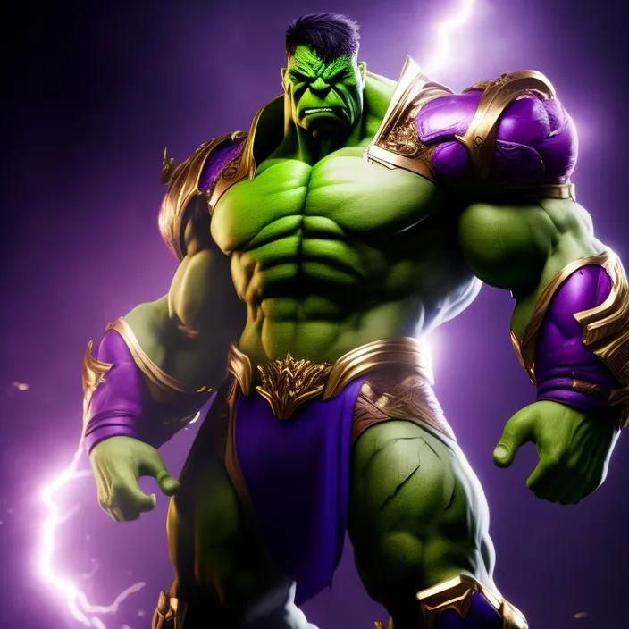 a man in a purple and green outfit standing in front of a purple background