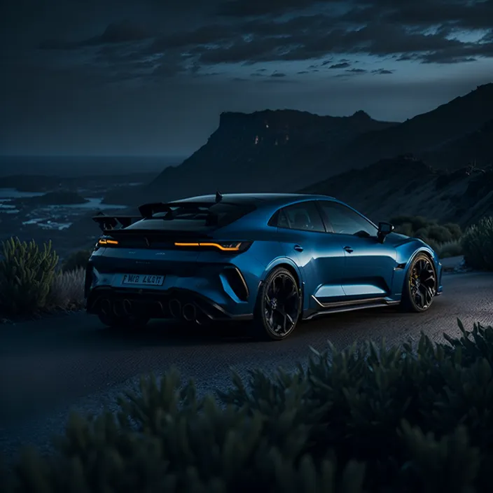 a blue sports car driving down a road at night