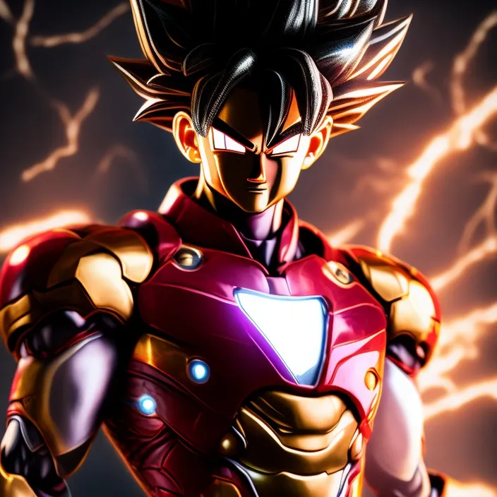 a man in a red and gold suit with lightning in the background