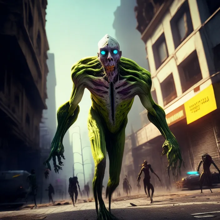 a group of zombies walking down a city street