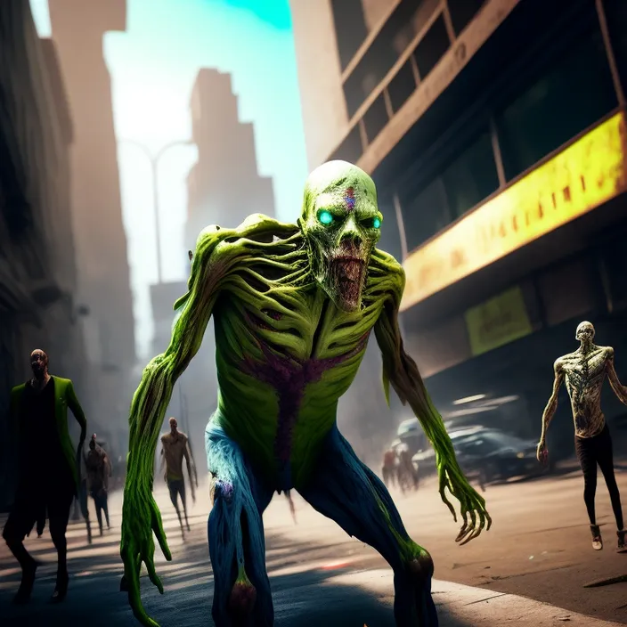 a group of zombies walking down a city street